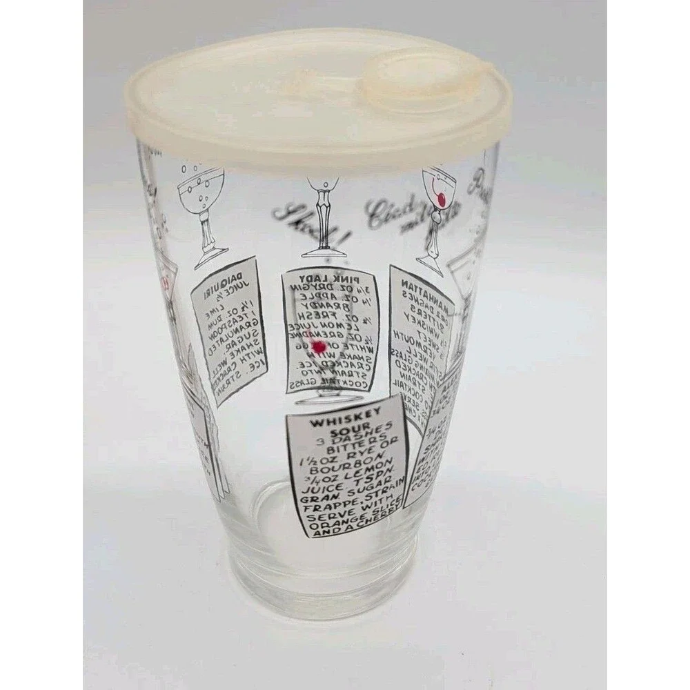 Vtg MCM XLarge 32-Oz Glass Cocktail Shaker Recipes 2 Lids Martini Daiquiri